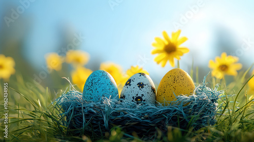 Three speckled Easter eggs rest in a blue led within vibrant green grass, surrounded by sunny yellow flowers under a bright and cheerful blue sky.