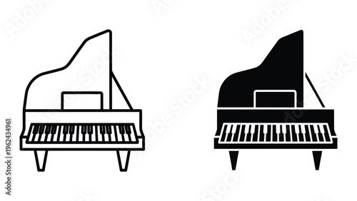 Contrast of a classic upright piano and its black silhouette version side by side