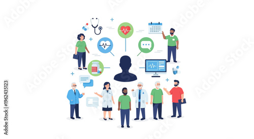 Patient-Centered Healthcare Network with Medical Professionals and Digital Services Illustration