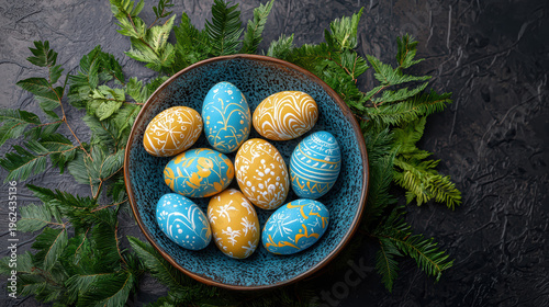 Blue bowl containing hand-painted yellow and blue Easter eggs surrounded by vibrant green ferns on a textured dark background creating a festive sp display.