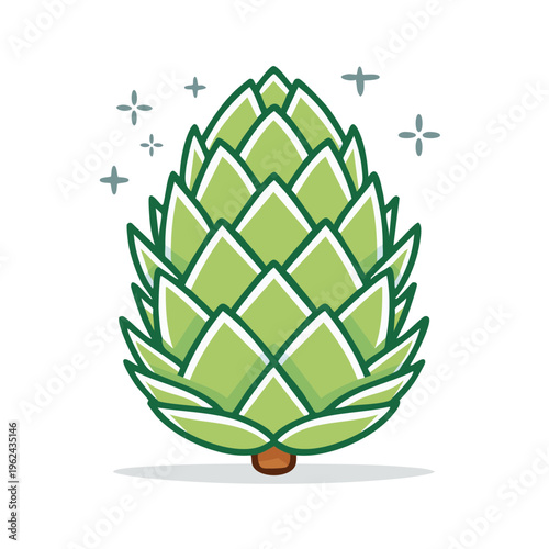 Stylized green hop cone illustration with sparkling accents for brewing and healthy living