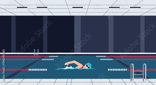 Swimmer in Swimming Pool Doing Butterfly Stroke.