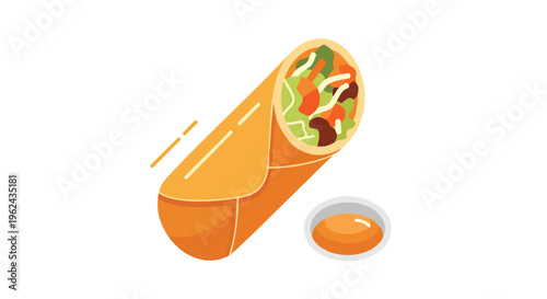 A flat illustration of a filled wrap, with filling visible in the open end. A small bowl with an orange dip is below the wrap. The background is white