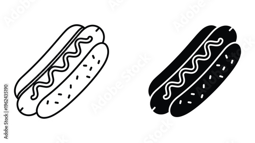 Two contrasting hot dogs with sesame seed buns in black and white illustration style
