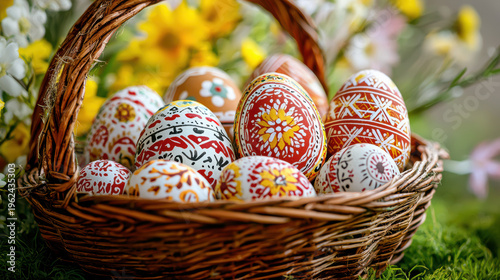 A woven basket filled with beautifully decorated Easter eggs sits among soft green grass and bright yellow flowers, creating a festive and cheerful sp scene.