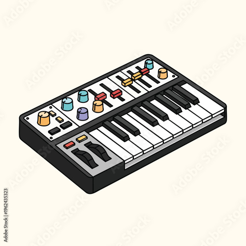 An illustration depicts a stylized, isometric synthesizer with colored knobs and sliders and black and white keys against an off-white background