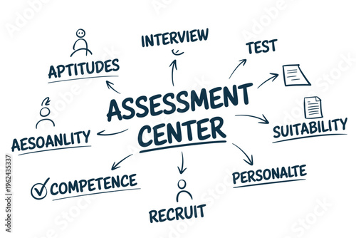 A hand drawn diagram illustrates the components of an assessment center for recruitment and employee evaluation