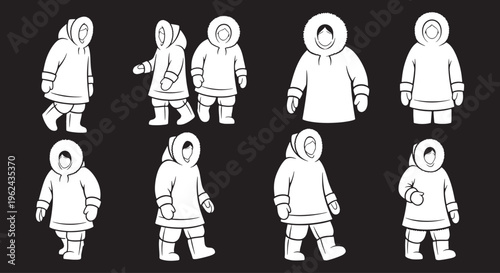 Various vector illustrations of people wearing traditional arctic parkas and warm winter clothing.