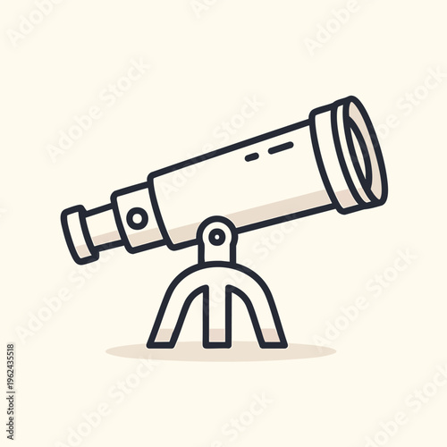 A cartoon depiction of a telescope on a stand, rendered in a simple, clean, and minimalist style. A pale cream background