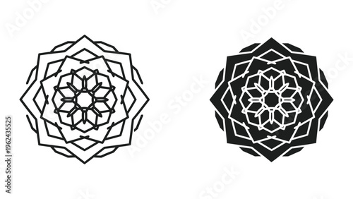 Intricate geometric mandala patterns in contrasting styles of line and filled designs