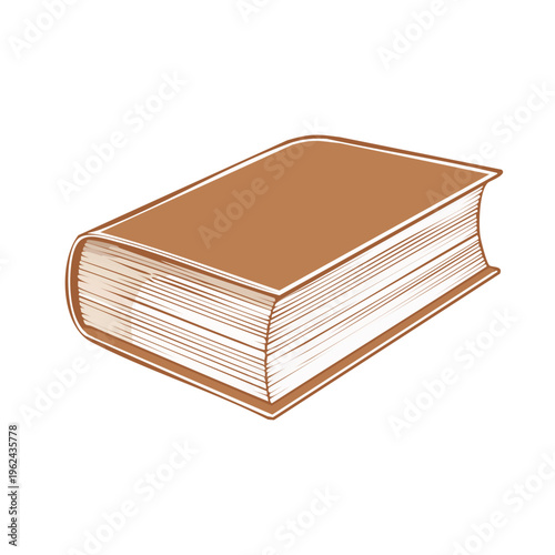 A closed hardcover book with a brown cover and pages shown in sketch outline
