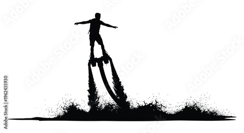 Flyboarder performing tricks over water dramatic black and white silhouette