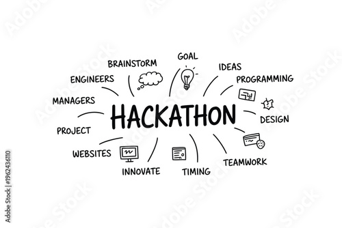A hand drawn illustration depicts a hackathon concept with keywords radiating from the central term