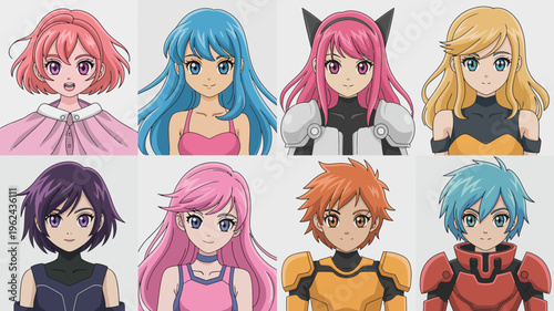 Anime Characters: A collection of captivating anime characters, each showcasing unique hairstyles and vibrant colors, exuding charm and artistic flair.