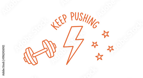 Energetic 'Keep Pushing' Fitness Graphic with Dumbbell, Lightning Bolt, and Stars – Inspiring Strength and Motivation