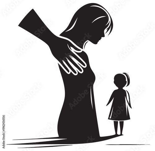 A mother comforts her crying child providing emotional support and reassurance during difficult times. Violence, black and white