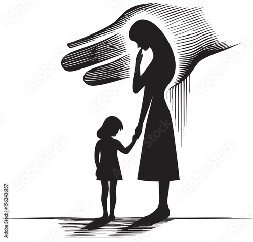 A mother comforts her crying child providing emotional support and reassurance during difficult times. Violence, black and white