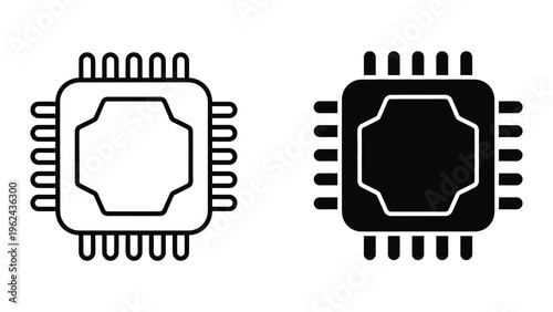 Contrasting visual representation of a microchip in black and white outlines