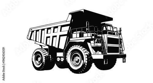Large mining dump truck illustration in a stark black and white silhouette