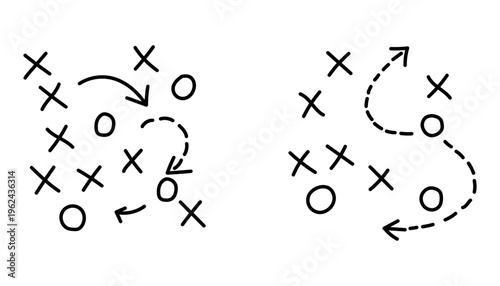 Hand drawn football tactics diagram, soccer offensive and defensive strategy formations with arrows, player movement, passes and coaching game plan concept.