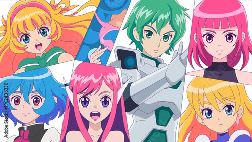 Anime-Style Characters: A vibrant composition showcasing anime-style characters, each with unique hair and eye colors, poses. Displaying the world of colorful animated characters.