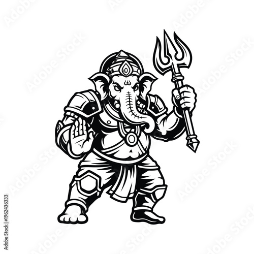 A black and white illustration of Ganesha mascot wearing armor and holding a trident on a white background