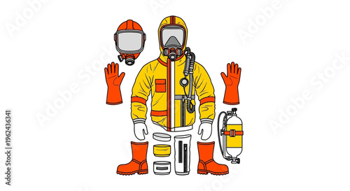 Hazmat Suit Chemical Biohazard Protective Gear Equipment Set Vector Illustration