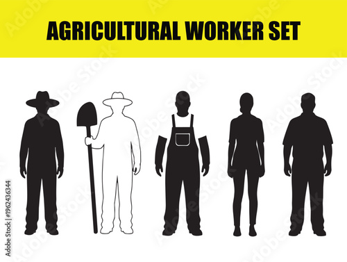 Agricultural worker set with farmer silhouettes, professional farming staff icons in black and white, gardener and laborer vector collection for agribusiness infographics