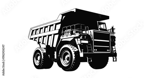 Large mining dump truck depicted in stark black and white a powerful silhouette