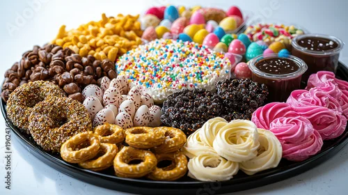 Fototapeta An appetizing assortment of colorful candies, decorated cakes, and chocolate desserts is beautifully arranged on a round tray for a celebratory occasion.