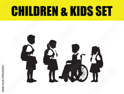 Children and kids set with school students silhouettes, diverse group of pupils with backpacks, inclusive education vector with boy in wheelchair and young girls