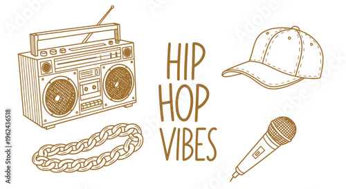 Hip Hop Culture Elements Boombox, Microphone, and Chain Illustration
