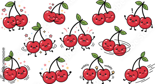 Cuadro en lienzo Cute Kawaii Cherry Characters Collection with Funny Poses, Dancing, Jumping and