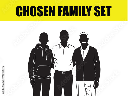Chosen family set with diverse people silhouettes, community and friendship concept vector, group of supportive friends standing together, inclusive social connection illustration