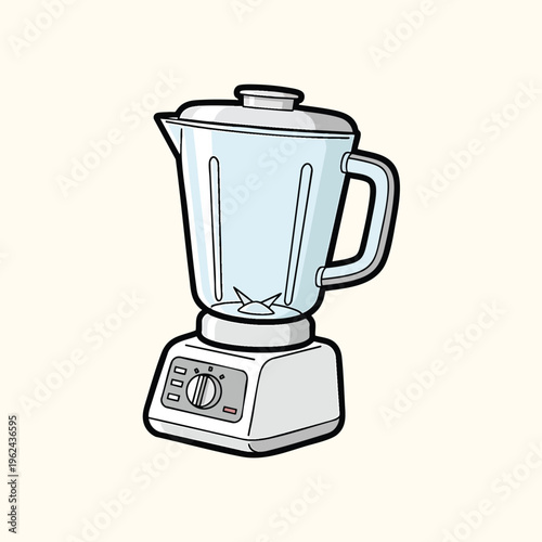 A cartoon depiction of a blender. It features a transparent pitcher on a white base with buttons and a knob