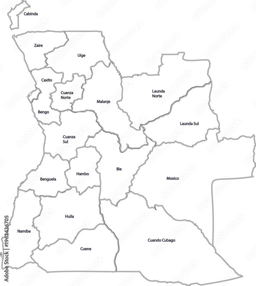 Fototapeta premium Detailed Outline Map of Angola with Administrative Borders and Internal Regions 