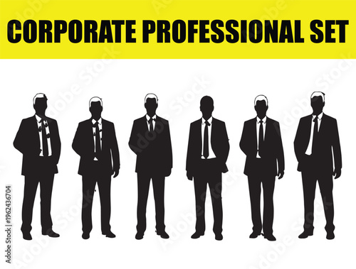 Corporate professional set of businessman silhouettes, group of six male office workers in formal suits, black business people figures on white background, professional team vector