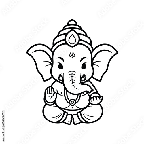 A black and white line drawing of a cute Ganesha mascot sitting cross-legged with a gentle expression