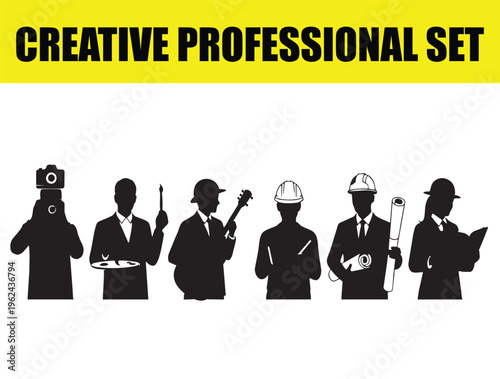 Creative professional set of worker silhouettes, diverse career and occupation icons, black human figures representing various jobs and industries on white background vector