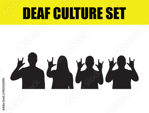 Deaf culture set with silhouettes of people using sign language, diverse group of people showing I love you hand gesture, inclusive community vector illustration for accessibility awareness
