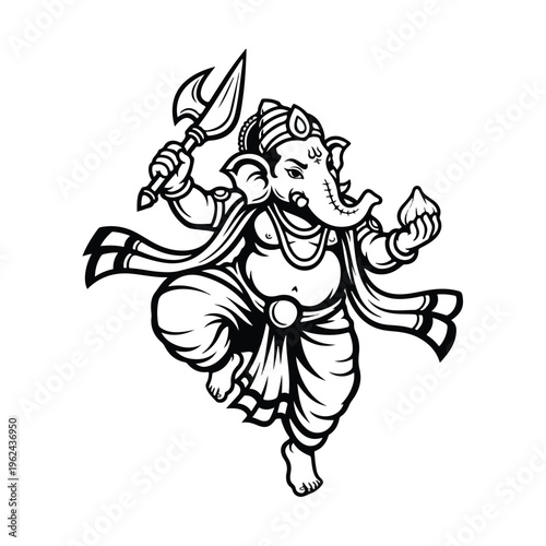 A black and white illustration of a dancing Ganesha mascot holding a trident, with a joyful expression on a plain background