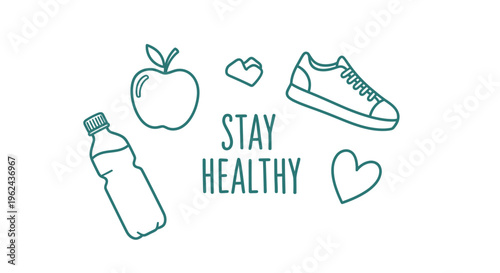 Outline vector illustration promoting a healthy lifestyle with essential wellness elements apple, water bottle, sneaker, and heart symbols for an active life
