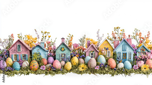 Charming Easter village display featu pastel colored miniature houses adorned with sp flowers and decorated eggs against a clean white background for holiday cheer.