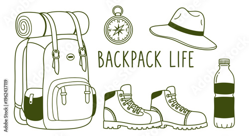 Hand-drawn line art illustration set of essential gear for backpacking, including a compass, hat, and sturdy boots for outdoor adventures