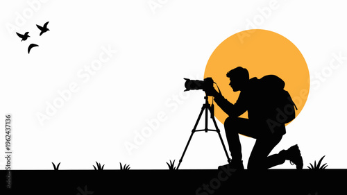 Sunset Silhouette of Photographer : A photographer captured in silhouette, focused on capturing the beauty of the setting sun, birds, and nature.