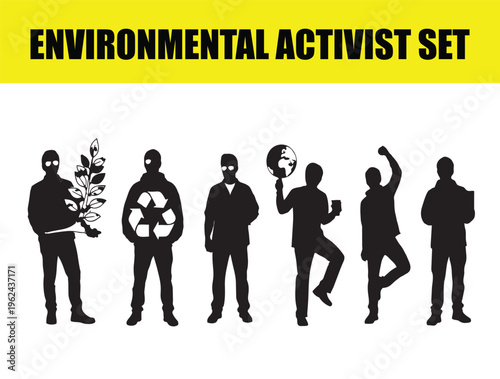 Environmental activist set with black silhouettes of people, ecology protest icons and climate change demonstrators, vector collection of sustainability advocates and green movement figures