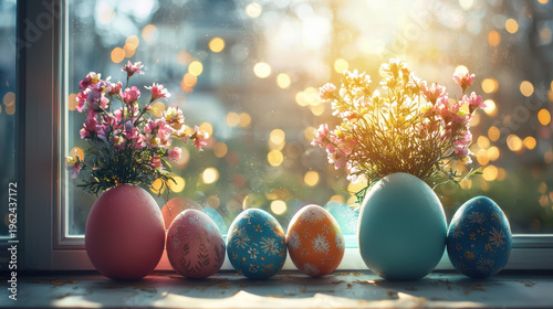 Colorful Easter eggs are displayed in front of a sunlit window with flowe branches in vases, creating a festive and cheerful sp holiday atmosphere.