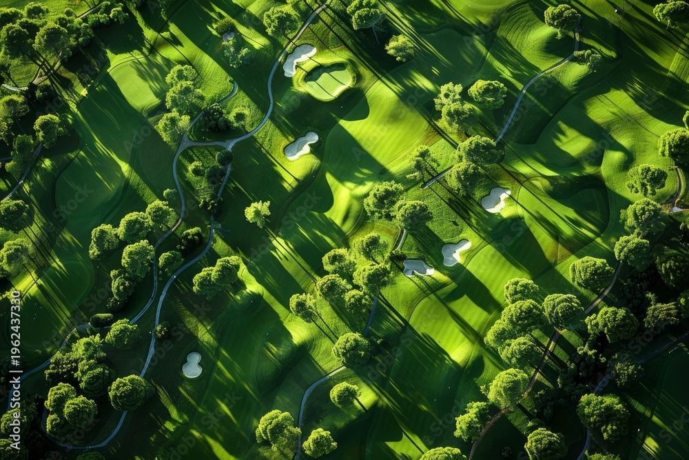 Obraz premium Aerial view of a vibrant green golf course with sand traps and trees casting long shadows on a sunny day