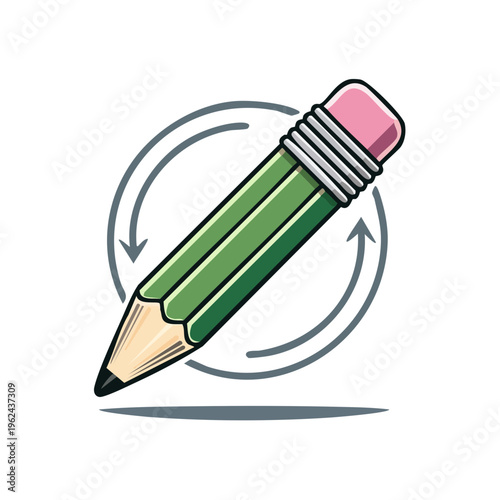 Green pencil with pink eraser and circular arrows indicating process or revision