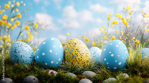 Blue and yellow speckled Easter eggs are led among green grass and small rocks with a blurred background of yellow flowers on a sunny sp day scene.